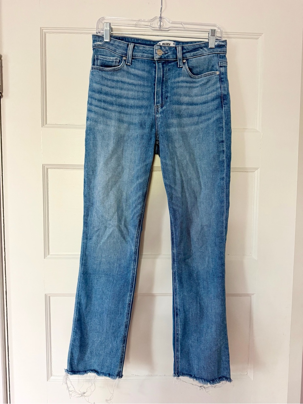 PAIGE Cindy Jeans Size 28 Medium Wash Cropped Straight Leg Raw Hem